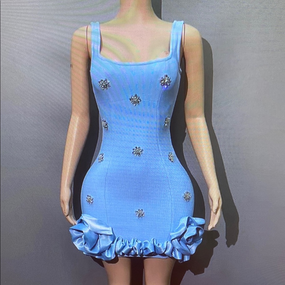 Blue Ruffled Embellished Bodycon Mini Dress